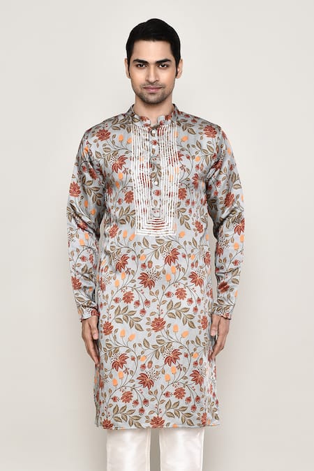 Buy Arihant Rai Sinha Grey Cotton, Silk Embroidery Gul Print Kurta Online at Aza Fashions Buy_Arihant Rai Sinha_Grey Cotton, Silk Embroidery Gul Print Kurta _Online_at_Aza_Fashions