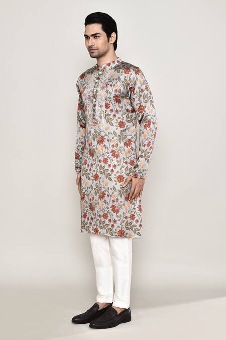 Shop_Arihant Rai Sinha_Grey Cotton, Silk Embroidery Gul Print Kurta _Online_at_Aza_Fashions