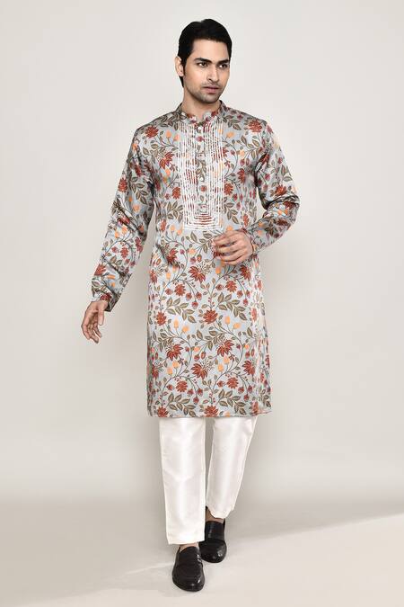 Arihant Rai Sinha_Grey Cotton, Silk Embroidery Gul Print Kurta _at_Aza_Fashions
