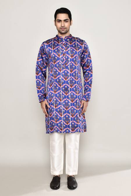 Arihant Rai Sinha_Blue Cotton, Silk Gota Patti Guldasta Print Kurta_Online_at_Aza_Fashions