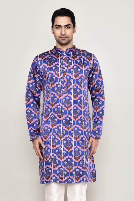 Buy_Arihant Rai Sinha_Blue Cotton, Silk Gota Patti Guldasta Print Kurta_Online_at_Aza_Fashions
