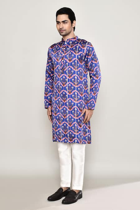 Shop_Arihant Rai Sinha_Blue Cotton, Silk Gota Patti Guldasta Print Kurta_Online_at_Aza_Fashions