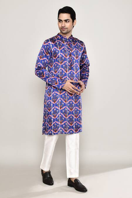 Arihant Rai Sinha_Blue Cotton, Silk Gota Patti Guldasta Print Kurta_at_Aza_Fashions