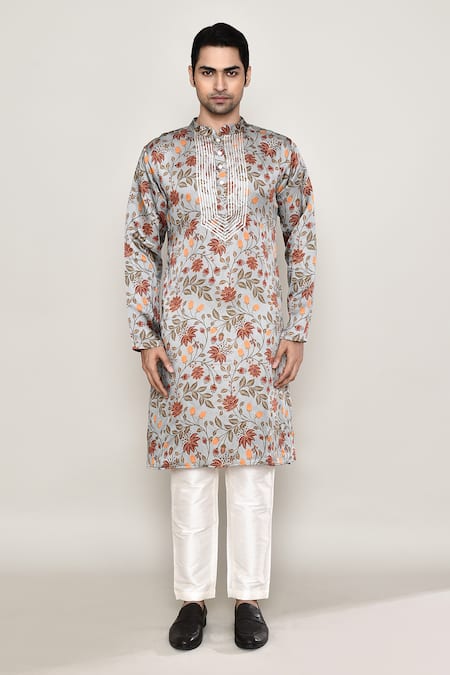 Arihant Rai Sinha_Multi Color Cotton, Silk Embroidery, Gota Patti Vine Print Kurta _Online_at_Aza_Fashions