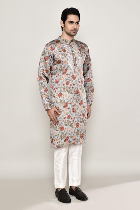 Arihant Rai Sinha_Multi Color Cotton, Silk Embroidery, Gota Patti Vine Print Kurta _at_Aza_Fashions
