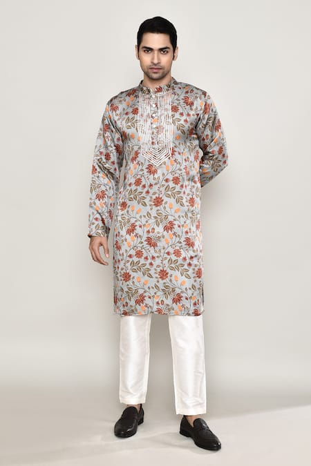 Shop_Arihant Rai Sinha_Multi Color Cotton, Silk Embroidery, Gota Patti Vine Print Kurta 