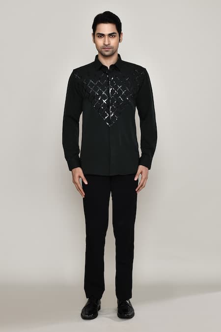 Aryavir Malhotra_Black Cotton Tape Embellished Shirt _Online_at_Aza_Fashions