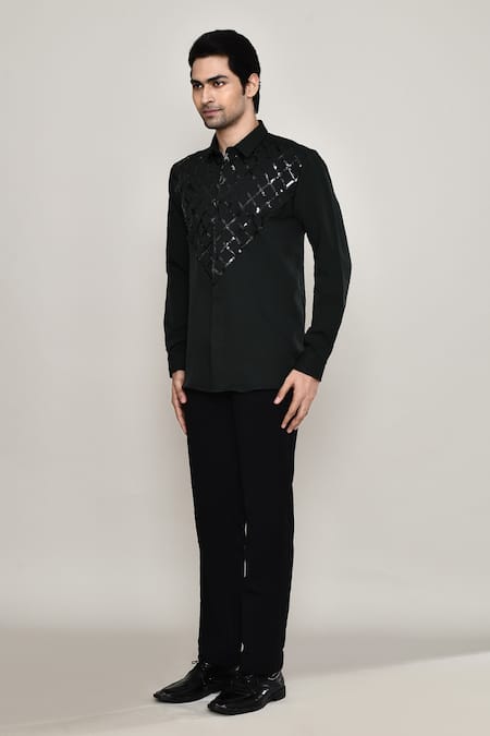 Buy_Aryavir Malhotra_Black Cotton Tape Embellished Shirt _Online_at_Aza_Fashions