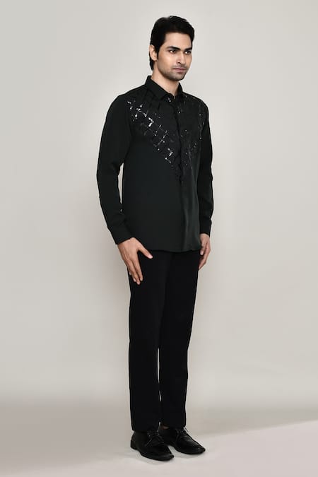 Shop_Aryavir Malhotra_Black Cotton Tape Embellished Shirt _Online_at_Aza_Fashions