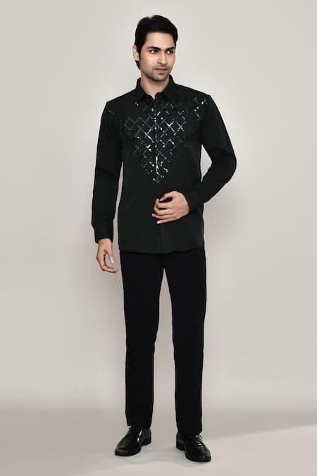 Aryavir Malhotra_Black Cotton Tape Embellished Shirt _at_Aza_Fashions