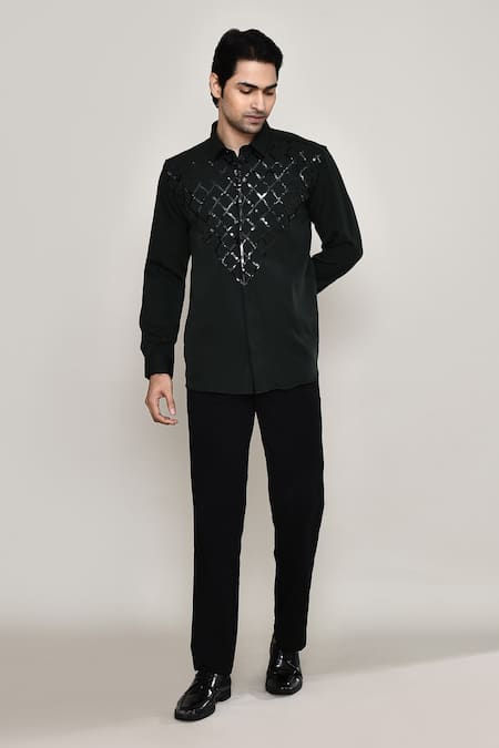 Buy_Aryavir Malhotra_Black Cotton Tape Embellished Shirt 