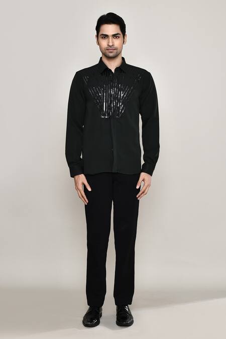 Aryavir Malhotra_Black Cotton Metallic Tape Embellished Shirt _Online_at_Aza_Fashions