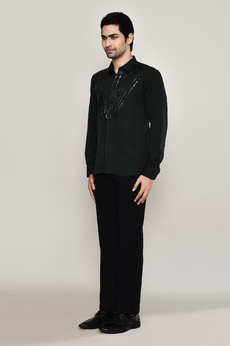Shop_Aryavir Malhotra_Black Cotton Metallic Tape Embellished Shirt _Online_at_Aza_Fashions