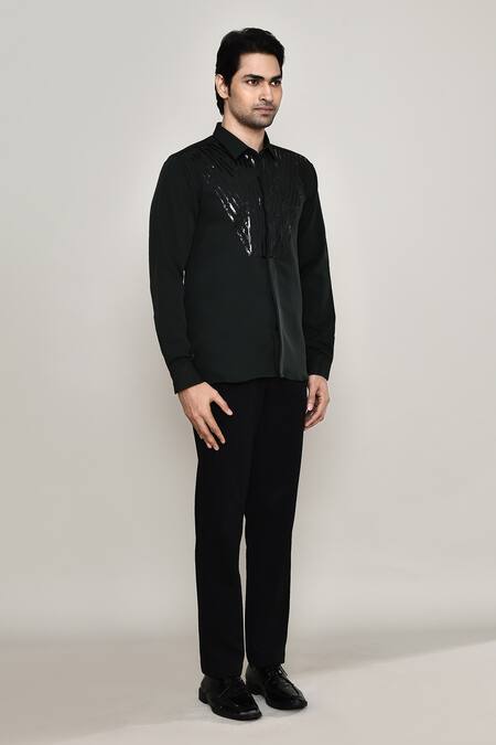 Aryavir Malhotra_Black Cotton Metallic Tape Embellished Shirt _at_Aza_Fashions