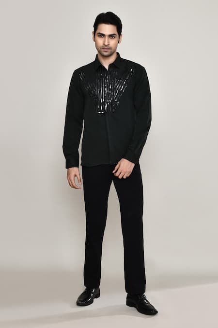 Buy_Aryavir Malhotra_Black Cotton Metallic Tape Embellished Shirt 
