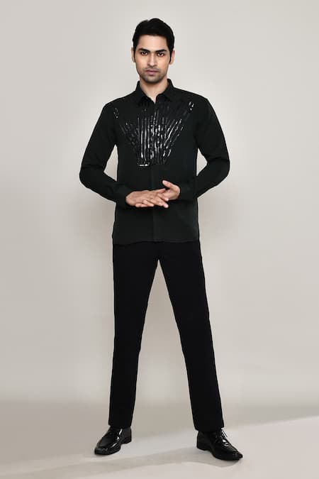 Shop_Aryavir Malhotra_Black Cotton Metallic Tape Embellished Shirt 