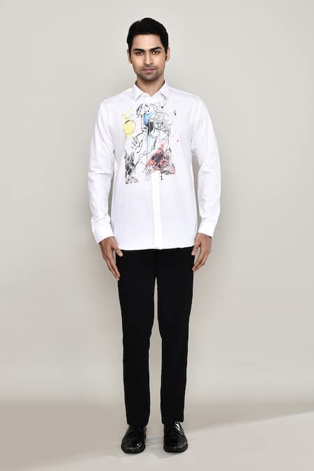 Aryavir Malhotra_White Cotton, Silk Doodle Print Shirt_Online_at_Aza_Fashions