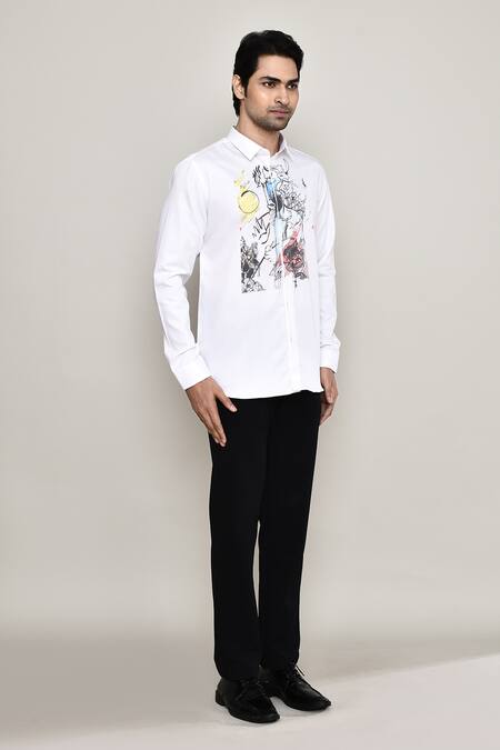 Shop_Aryavir Malhotra_White Cotton, Silk Doodle Print Shirt_Online_at_Aza_Fashions