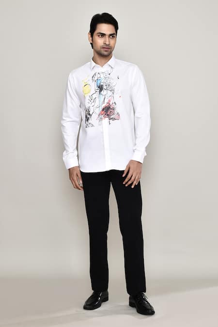 Aryavir Malhotra_White Cotton, Silk Doodle Print Shirt_at_Aza_Fashions