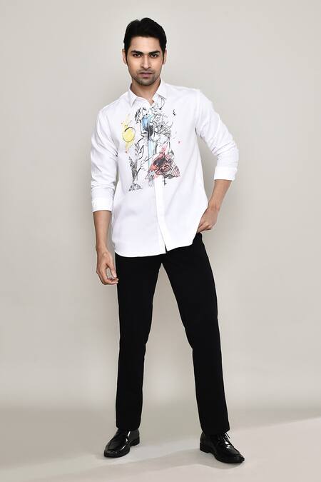 Buy_Aryavir Malhotra_White Cotton, Silk Doodle Print Shirt