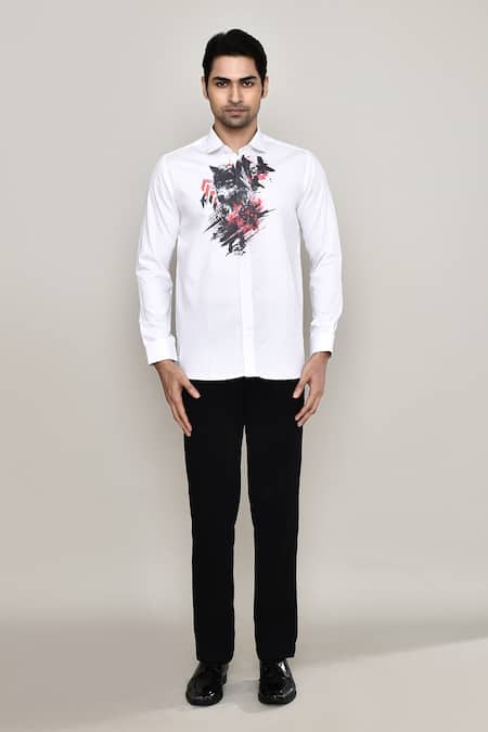 Aryavir Malhotra_White Cotton, Silk Wolf Print Shirt _Online_at_Aza_Fashions