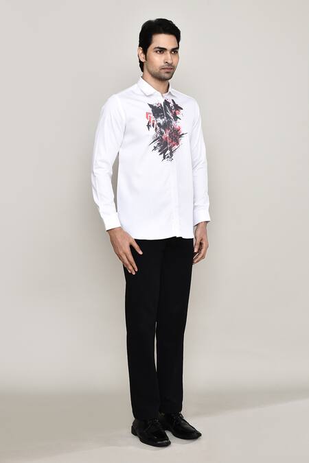 Shop_Aryavir Malhotra_White Cotton, Silk Wolf Print Shirt _Online_at_Aza_Fashions