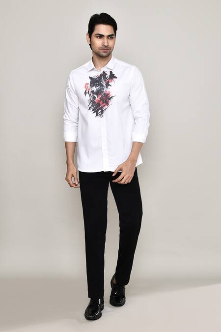 Buy_Aryavir Malhotra_White Cotton, Silk Wolf Print Shirt 