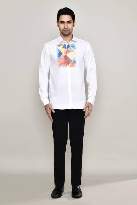 Aryavir Malhotra_White Cotton, Silk Embroidery Abstract Print Shirt _Online_at_Aza_Fashions