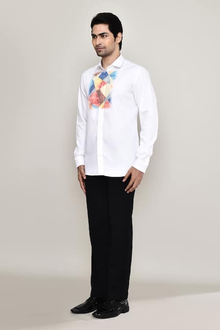 Buy_Aryavir Malhotra_White Cotton, Silk Embroidery Abstract Print Shirt _Online_at_Aza_Fashions