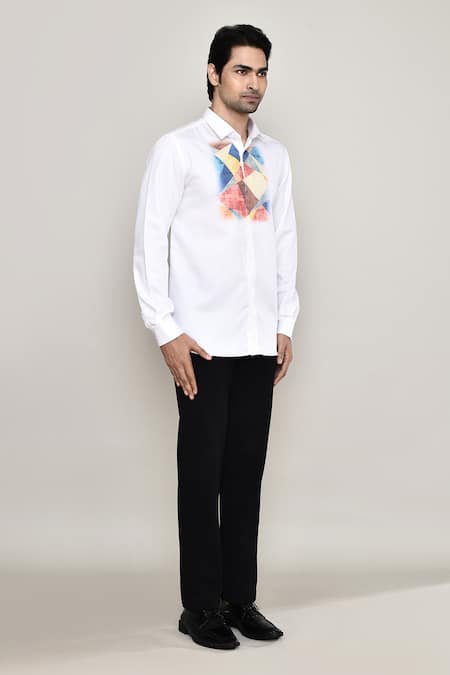 Shop_Aryavir Malhotra_White Cotton, Silk Embroidery Abstract Print Shirt _Online_at_Aza_Fashions