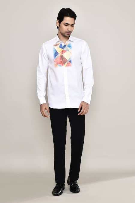 Aryavir Malhotra_White Cotton, Silk Embroidery Abstract Print Shirt _at_Aza_Fashions