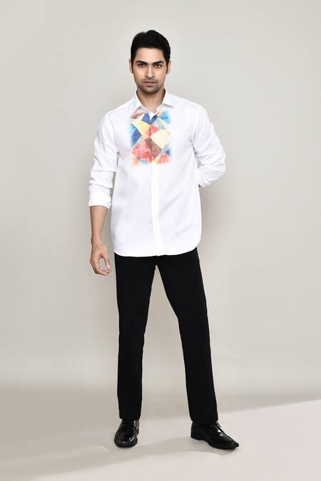 Buy_Aryavir Malhotra_White Cotton, Silk Embroidery Abstract Print Shirt 