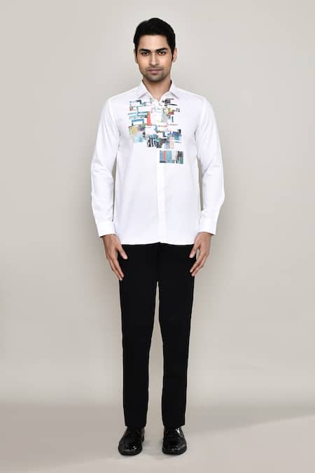 Aryavir Malhotra_White Cotton Satin Embroidery Geometric Print Shirt _Online_at_Aza_Fashions