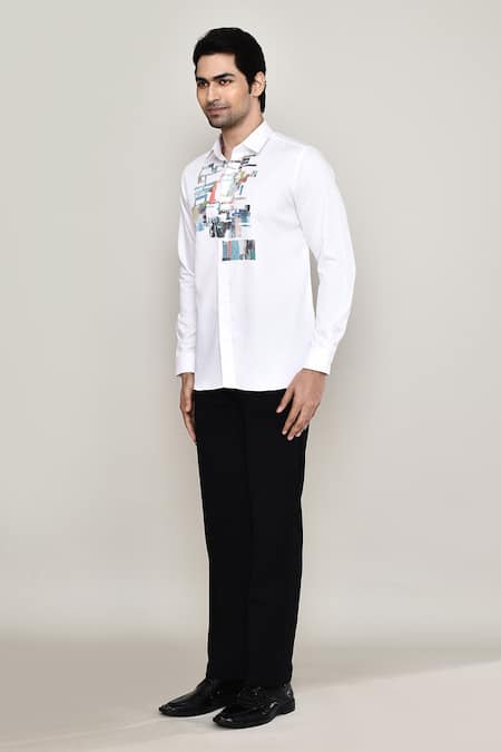 Buy_Aryavir Malhotra_White Cotton Satin Embroidery Geometric Print Shirt _Online_at_Aza_Fashions