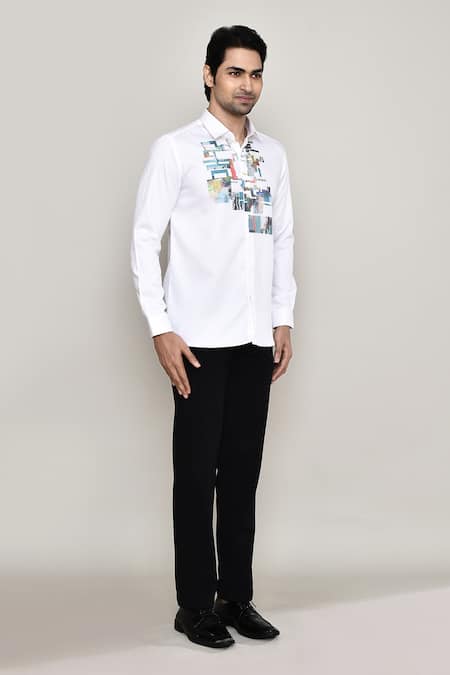 Shop_Aryavir Malhotra_White Cotton Satin Embroidery Geometric Print Shirt _Online_at_Aza_Fashions