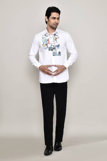 Aryavir Malhotra_White Cotton Satin Embroidery Geometric Print Shirt _at_Aza_Fashions