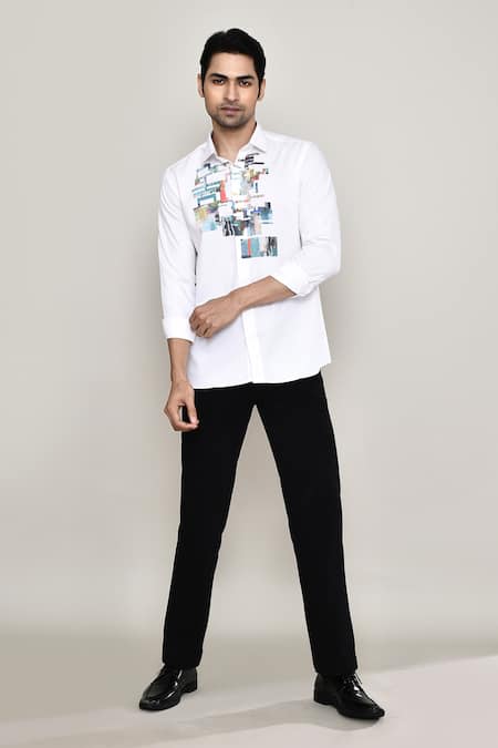 Buy_Aryavir Malhotra_White Cotton Satin Embroidery Geometric Print Shirt 