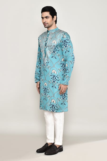 Buy_Arihant Rai Sinha_Blue Cotton, Silk Embroidery, Gota Patti Floral Mughal Print Kurta _Online_at_Aza_Fashions