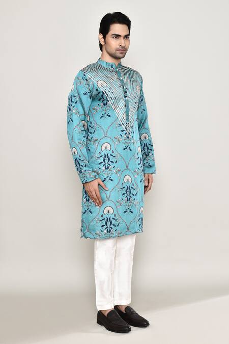 Shop_Arihant Rai Sinha_Blue Cotton, Silk Embroidery, Gota Patti Floral Mughal Print Kurta _Online_at_Aza_Fashions