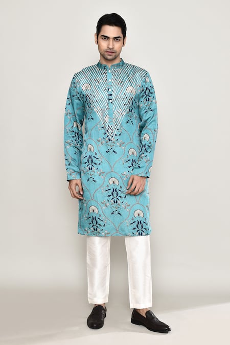 Buy_Arihant Rai Sinha_Blue Cotton, Silk Embroidery, Gota Patti Floral Mughal Print Kurta 