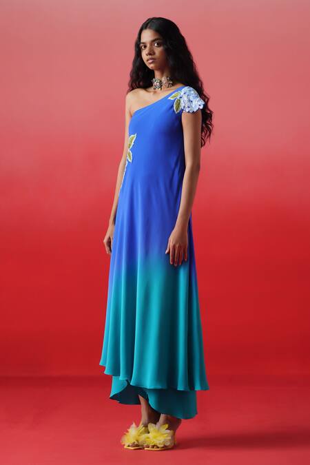 Kavitha Gutta_Blue Pure Crepe Embroidery Iris One Shoulder Neck Celestial Blossom Ombre Dress _Online_at_Aza_Fashions