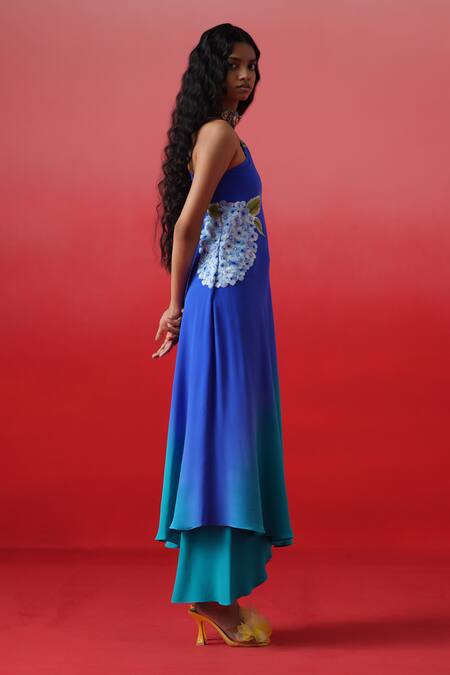 Kavitha Gutta_Blue Pure Crepe Embroidery Iris One Shoulder Neck Celestial Blossom Ombre Dress _at_Aza_Fashions