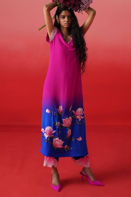 Kavitha Gutta_Pink Crepe Embroidery V-neck Magnolia Dream Ombre Kurta With Pant _Online_at_Aza_Fashions
