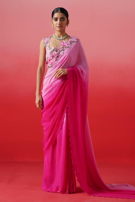 Kavitha Gutta_Pink Crepe Embroidery, Sequins Magnolia Cutwork Border Ombre Saree With Blouse _Online_at_Aza_Fashions