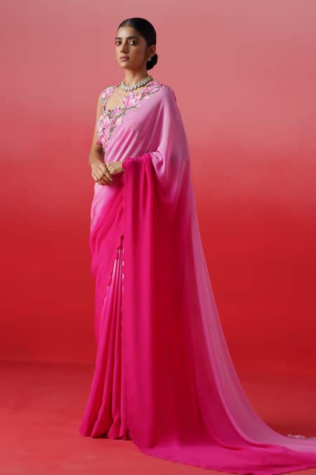 Buy_Kavitha Gutta_Pink Crepe Embroidery, Sequins Magnolia Cutwork Border Ombre Saree With Blouse _Online_at_Aza_Fashions