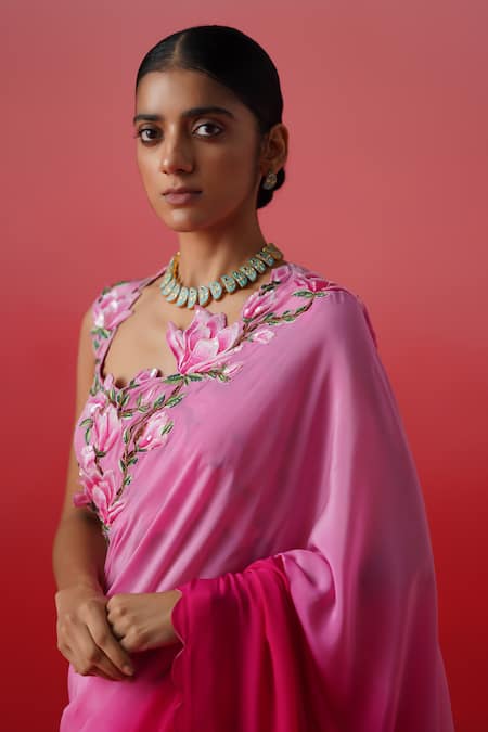 Shop_Kavitha Gutta_Pink Crepe Embroidery, Sequins Magnolia Cutwork Border Ombre Saree With Blouse _Online_at_Aza_Fashions