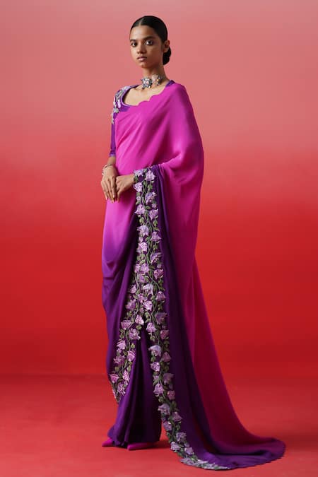Kavitha Gutta Blossom Border Embroidered Ombre Saree With Blouse 