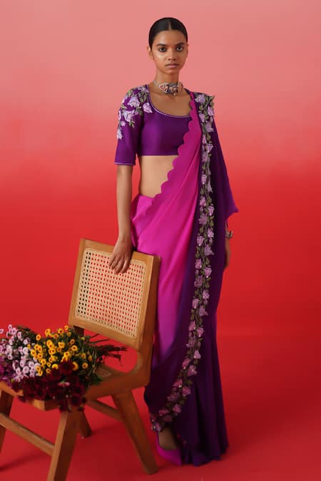 Kavitha Gutta_Pink Crepe Embroidery Scoop Neck Blossom Border Ombre Saree With Blouse _Online_at_Aza_Fashions