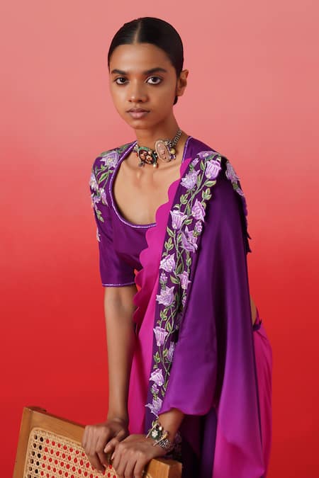 Buy_Kavitha Gutta_Pink Crepe Embroidery Scoop Neck Blossom Border Ombre Saree With Blouse _Online_at_Aza_Fashions