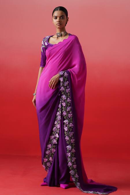 Kavitha Gutta_Pink Crepe Embroidery Scoop Neck Blossom Border Ombre Saree With Blouse _at_Aza_Fashions